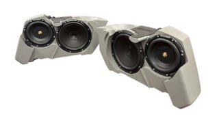 American Hard Bag is offering powered enclosed subwoofers for Harley bikes using Hertz speakers.